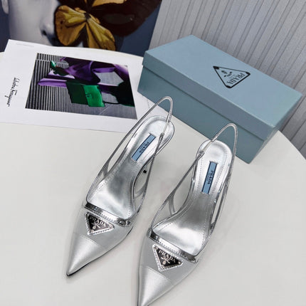 PRADA 26S SLINGBACK PUMPS STILETTO HEEL 95MM IN SILVER MESH WITH LOGO
