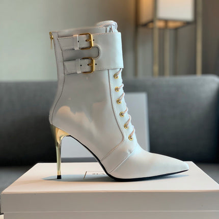 BALMAIN 26S LACE-UP ANKLE BOOTS 105 MM IN WHITE CALFSKIN