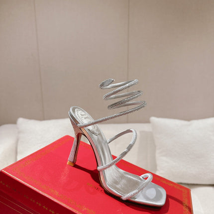 RENE CAOVILLA 26S SQUARE TOE ANKLE STRAP SANDALS 95 MM IN SILVER LAMBSKIN