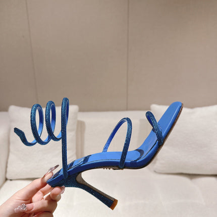 RENE CAOVILLA 26S SQUARE TOE ANKLE STRAP SANDALS 95 MM IN BLUE LAMBSKIN