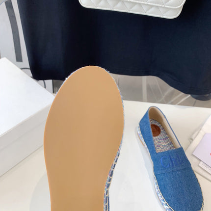LOAFER SHOES IN CERULEAN BLUE DENIM AND WOVEN RAFFIA