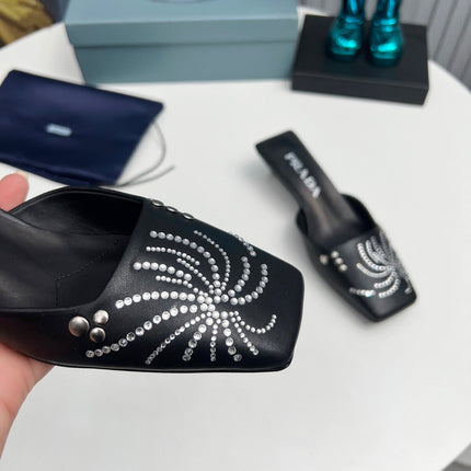 PRADA 26S MULE 40MM IN BLACK CALFSKIN CRYSTAL EMBELLISHED