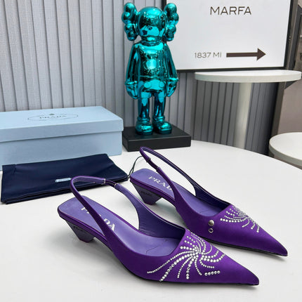 PRADA 26S POINTED TOE SLINGBACK 40MM IN PURPLE SATIN CRYSTAL EMBELLISHED