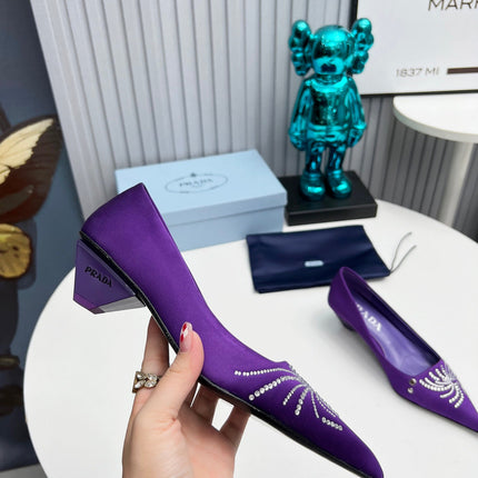 PRADA 26S POINTED TOE PUMPS 40MM IN PURPLE SATIN CRYSTAL EMBELLISHED