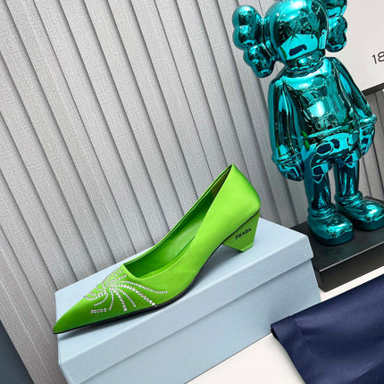 PRADA 26S POINTED TOE PUMPS 40MM IN APPLE GREEN SATIN CRYSTAL EMBELLISHED