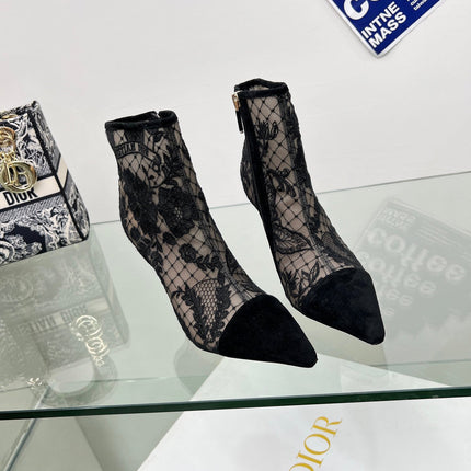 DIOR 25S POINTED-TOE ANKLE BOOTS 95 MM IN BLACK MESH TULLE AND SUEDE
