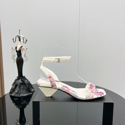 PRA TRIANGLE HEEL FLOWER MOTIF SATIN SANDALS WHITE
