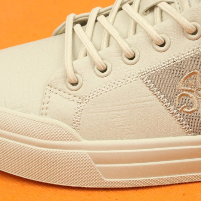PRA TRAINER IN BEIGE CREAM CALFSKIN AND TAN EMBROIDERED FABRIC