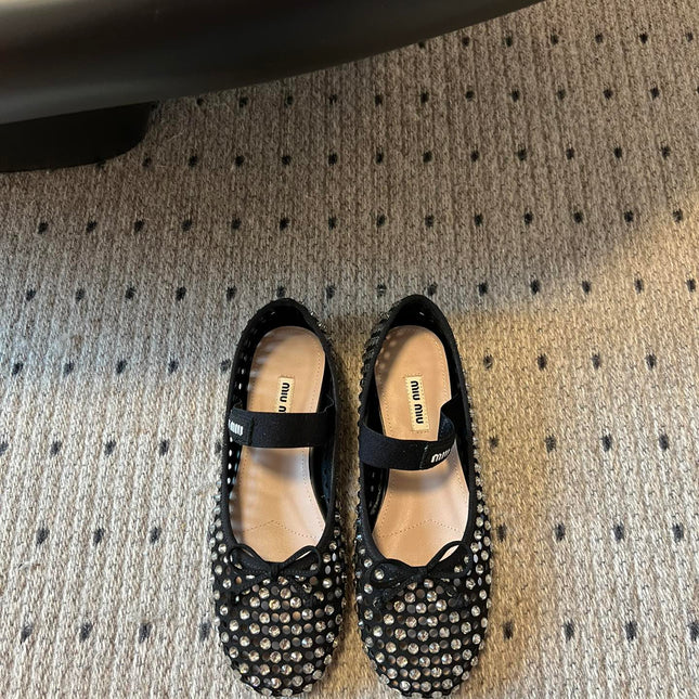 MIUMIU 26S BALLERINA FLATS IN BLACK MESH CALFSKIN WITH RHINESTONES