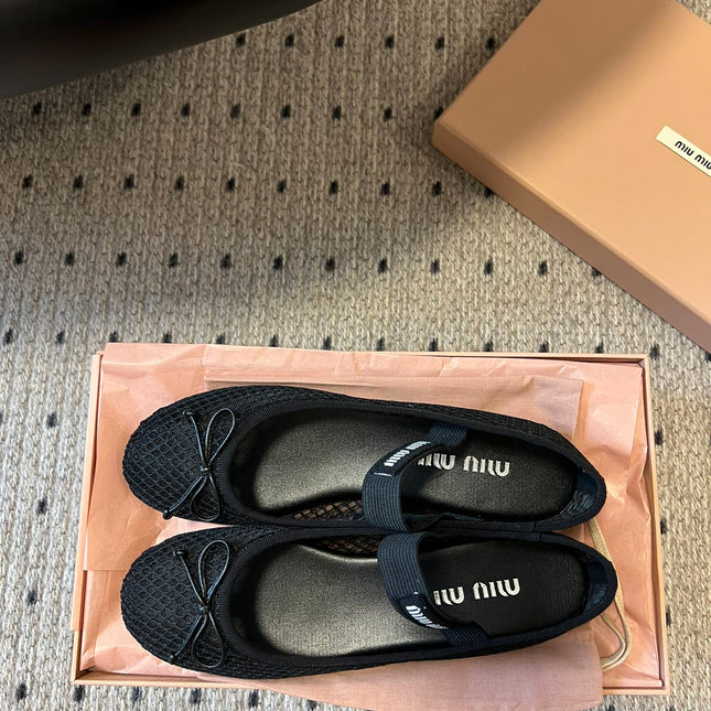 MIUMIU 26S BALLERINAS IN BLACK MESH FABRIC WITH BOW