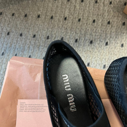 MIUMIU 26S BALLERINAS IN BLACK MESH FABRIC WITH BOW