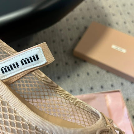 MIUMIU 26S BALLERINAS IN BEIGE MESH FABRIC WITH BOW