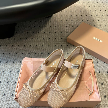 MIUMIU 26S BALLERINAS IN BEIGE MESH FABRIC WITH BOW
