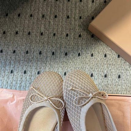 MIUMIU 26S BALLERINAS IN BEIGE MESH FABRIC WITH BOW