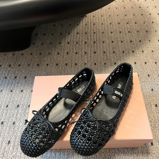 MIUMIU 26S BALLERINA FLATS IN BLACK MESH SHEEPSKIN