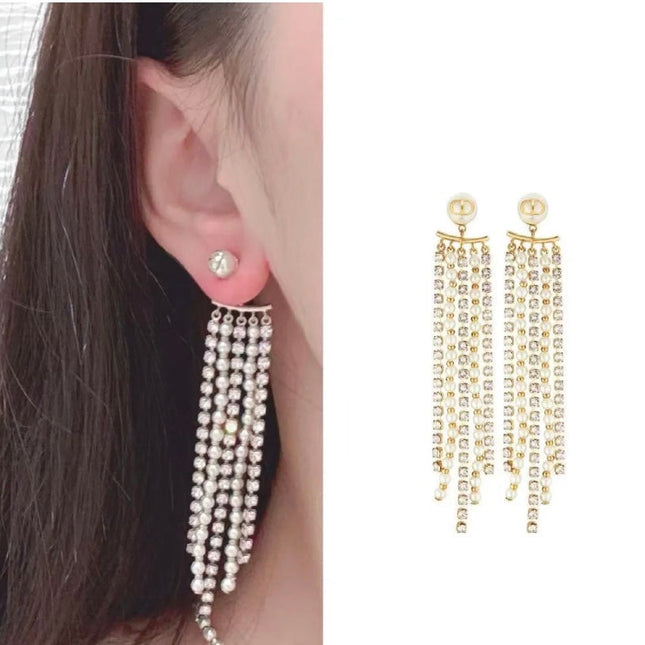CD 26S MULTI STRAND PEARL CRYSTAL TASSEL DROP EARRINGS IN GOLD METAL 631775