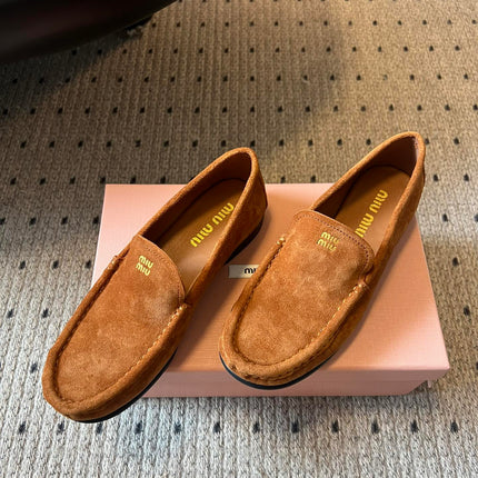 MIUMIU 26S LOAFERS IN CARAMEL BROWN SUEDE