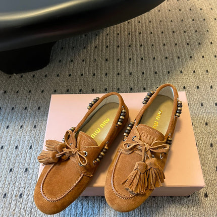MIUMIU 26S TASSEL LOAFERS IN CARAMEL BROWN SUEDE