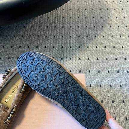 MIUMIU 26S TASSEL LOAFERS IN TAUPE BROWN SUEDE