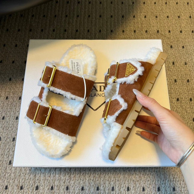 PRADA 25S TWO-STRAP SANDALS IN BROWN SUEDE AND WHITE SHEARLING WITH GOLD HARDWARE
