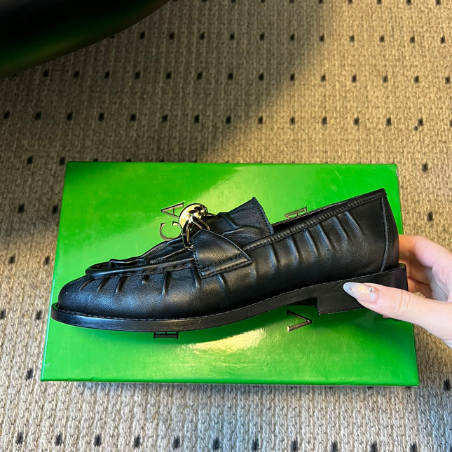 BOTTEGA VENETA 26S LOAFERS IN BLACK LAMBSKIN WITH GOLD HARDWARE