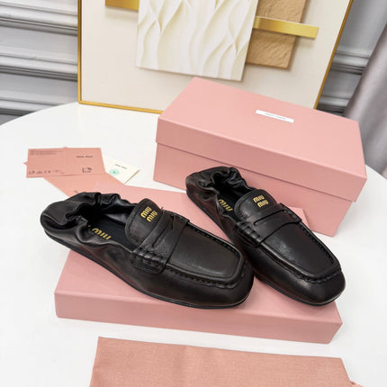 MIUMIU 26S RUCHES LOAFERS IN BLACK LAMBSKIN