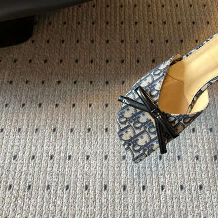DIOR 26S OBLIQUE BOW MULE IN NAVY BLUE JACQUARD CANVAS