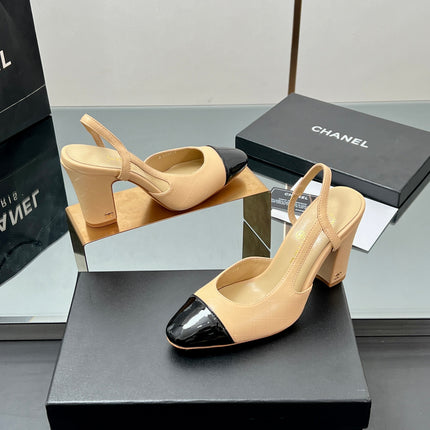 CC SLINGBACK 25S 90 MM IN BEIGE LAMBSKIN AND BLACK GLOSSY LEATHER WITH CHECK PATTERN