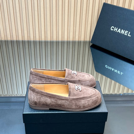CHANEL 25S TEDDY LOAFER 15MM IN TAUPE GRAY SUEDE SILVER HARDWARE