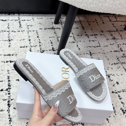 DIOR 26S SLIDES IN GREY EMBOSSED OBLIQUE LACE EMBROIDERY