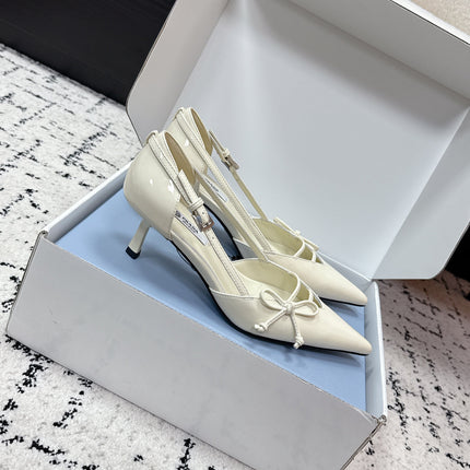 PRADA 26S POINTED-TOE HIGH HEELS 55MM IN IVORY WHITE CALFSKIN WITH BOW