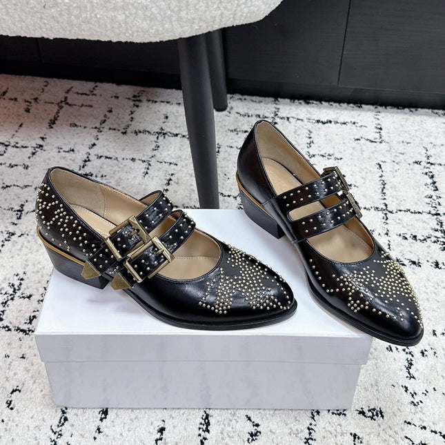 CHLOÉ 26S METAL STUD SHOES IN BLACK CALFSKIN