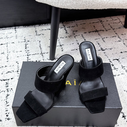 ALAIA 26S DOUBLE STRAP WEDGE SANDALS 110 MM IN BLACK SUEDE