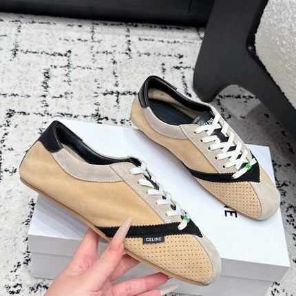 CELINE 26S LOW TOP SNEAKERS IN BEIGE SUEDE AND WHITE LEATHER TRIM