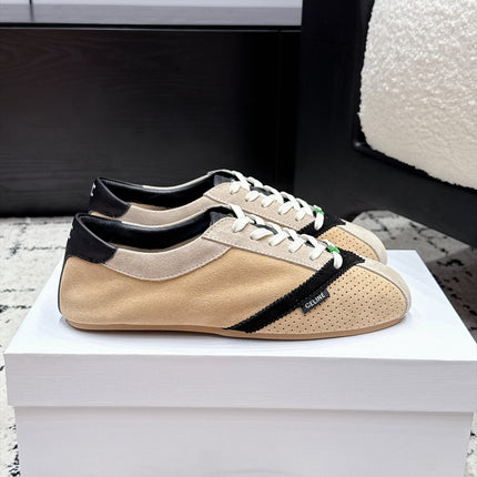 CELINE 26S LOW TOP SNEAKERS IN BEIGE SUEDE AND WHITE LEATHER TRIM