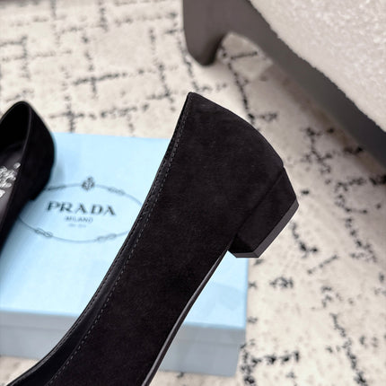 PRADA 26S POINTED-TOE BALLET IN BLACK SUEDE