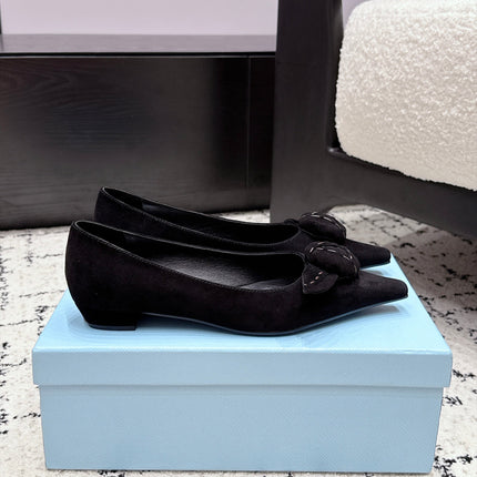 PRADA 26S POINTED-TOE BALLET IN BLACK SUEDE