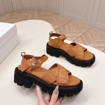 PRADA 26S CROSS STRAP CHUNKY SOLE SANDALS IN CARAMEL BROWN CANVAS