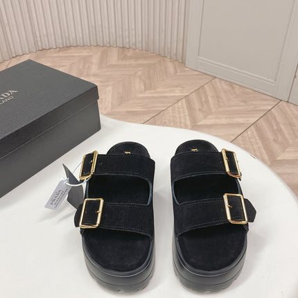 PRADA 26S DOUBLE STRAP PLATFORM SLIDES SANDALS IN BLACK SUEDE
