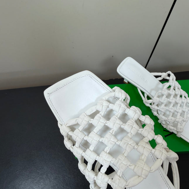 BOTTEGA VENETA 26S WOVEN STRAP HIGH-HEEL SANDALS 55 MM IN WHITE LAMBSKIN