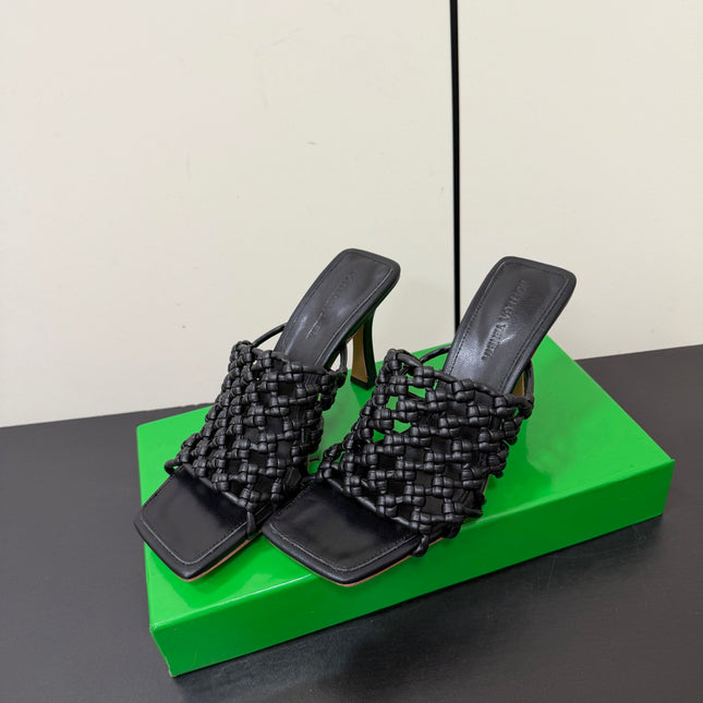 BOTTEGA VENETA 26S WOVEN STRAP HIGH-HEEL SANDALS 85 MM IN BLACK LAMBSKIN