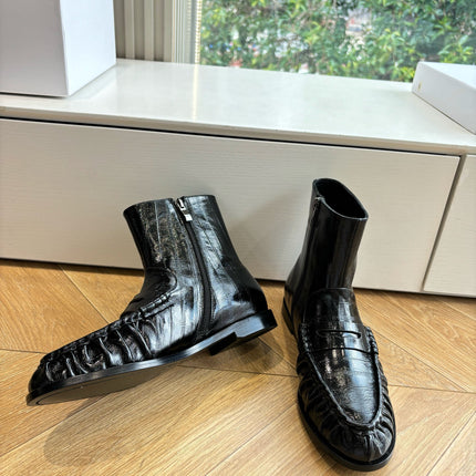 YSL 25S ANKLE FLAT BOOTS IN BLACK EMBOSSED LAMBSKIN WITH SIDE ZIPPER