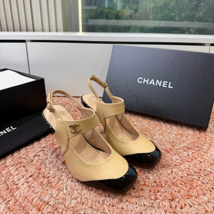 CHANEL 26S SQUARE TOE HIGH HEELS SLINGBACKS IN BEIGE LAMBSKIN WITH BLACK TOE