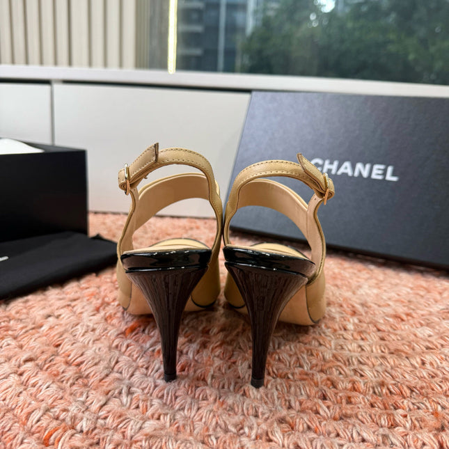 CHANEL 26S SQUARE TOE HIGH HEELS SLINGBACKS IN BEIGE LAMBSKIN WITH BLACK TOE