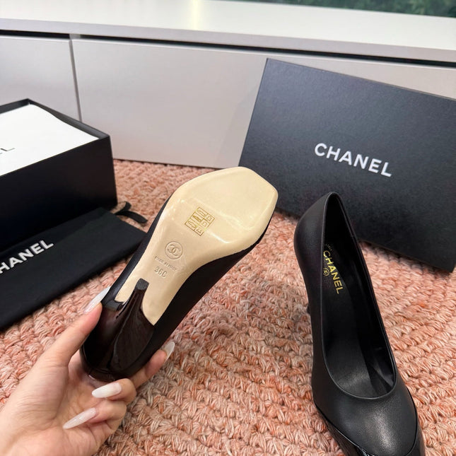 CHANEL 26S SQUARE TOE HIGH HEELS IN BLACK LAMBSKIN