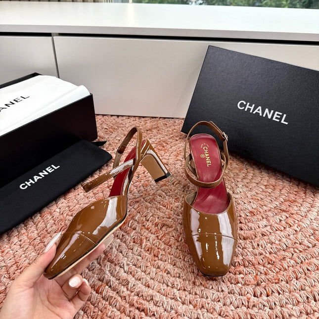CHANEL 26S SQUARE TOE HIGH HEELS SLINGBACKS IN BROWN CALFSKIN