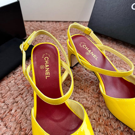 CHANEL 26S SQUARE TOE HIGH HEELS SLINGBACKS IN YELLOW CALFSKIN