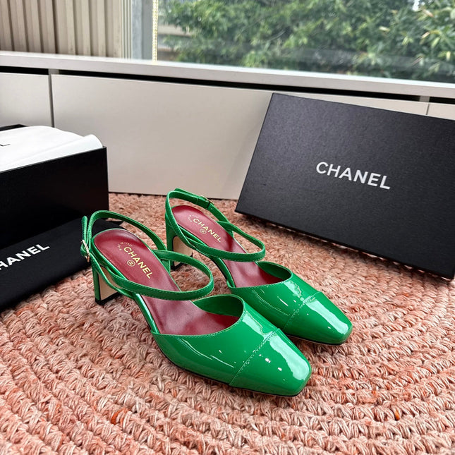 CHANEL 26S SQUARE TOE HIGH HEELS SLINGBACKS IN GREEN CALFSKIN