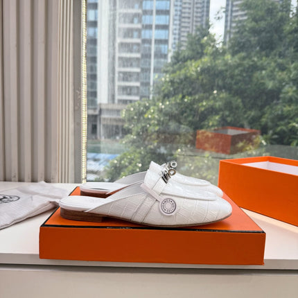 HM 26S DESTIN MULES IN WHITE CROCODILE-EFFECT LEATHER