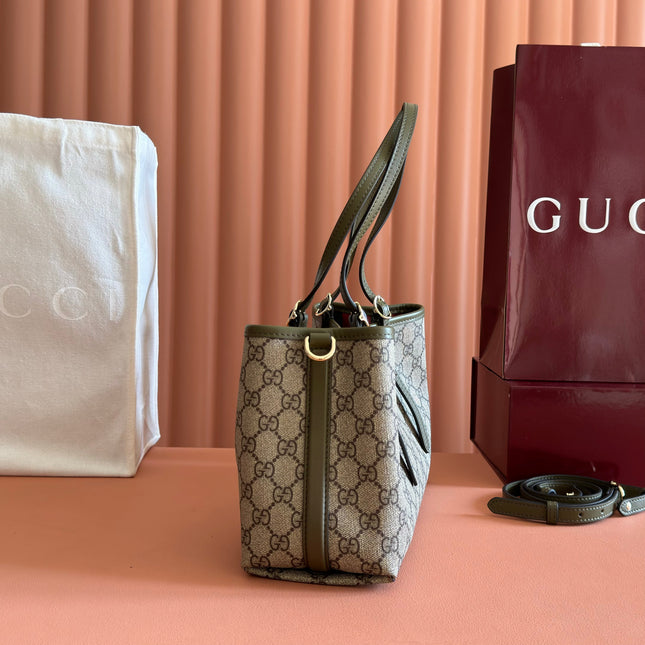 GUCCI 26S TOTE BAG 30 IN DARK BEIGE AND MOSS GREEN CANVAS
